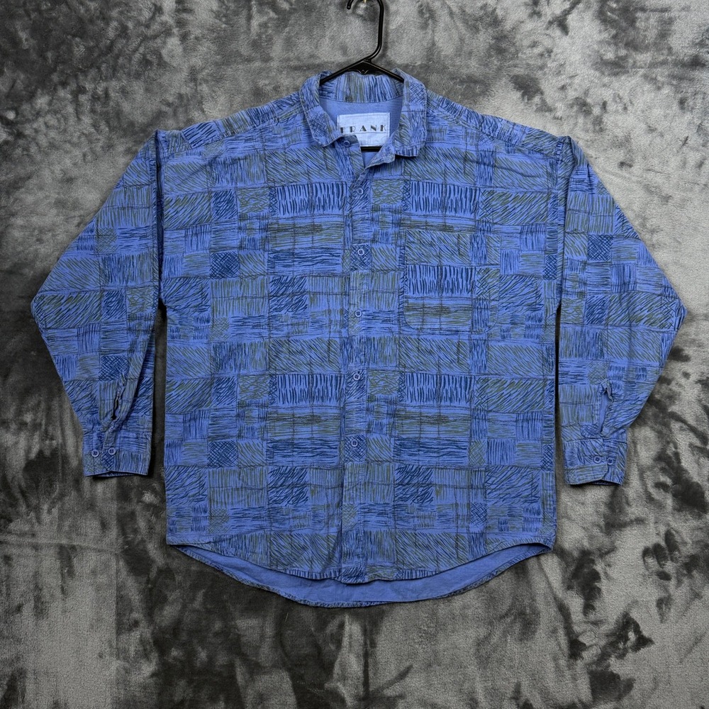 Frank Button Down Shirt Mens Medium Blue Abstract Geometric Long Sleeve Vintage